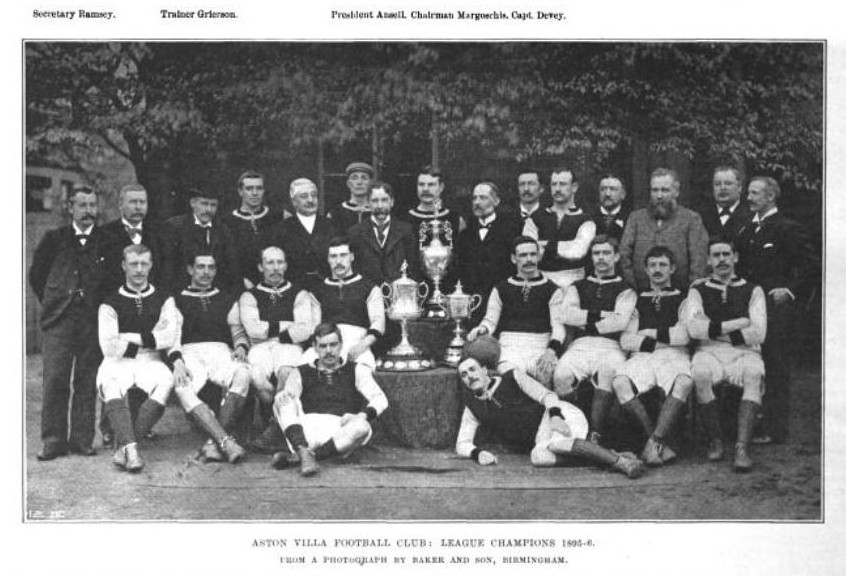 Group photo of Aston Villa F.C., 1895–96 Football League champions from The Sketch, Vol. XV, No. 195, October 21, 1896, page 563 File:Group photo of Aston Villa F.C., 1895–96 Football League champions.png — صورة أرشيفية — commons.wikimedia.org — Baker and Son, Birmingham (no individual credited) — Public domain