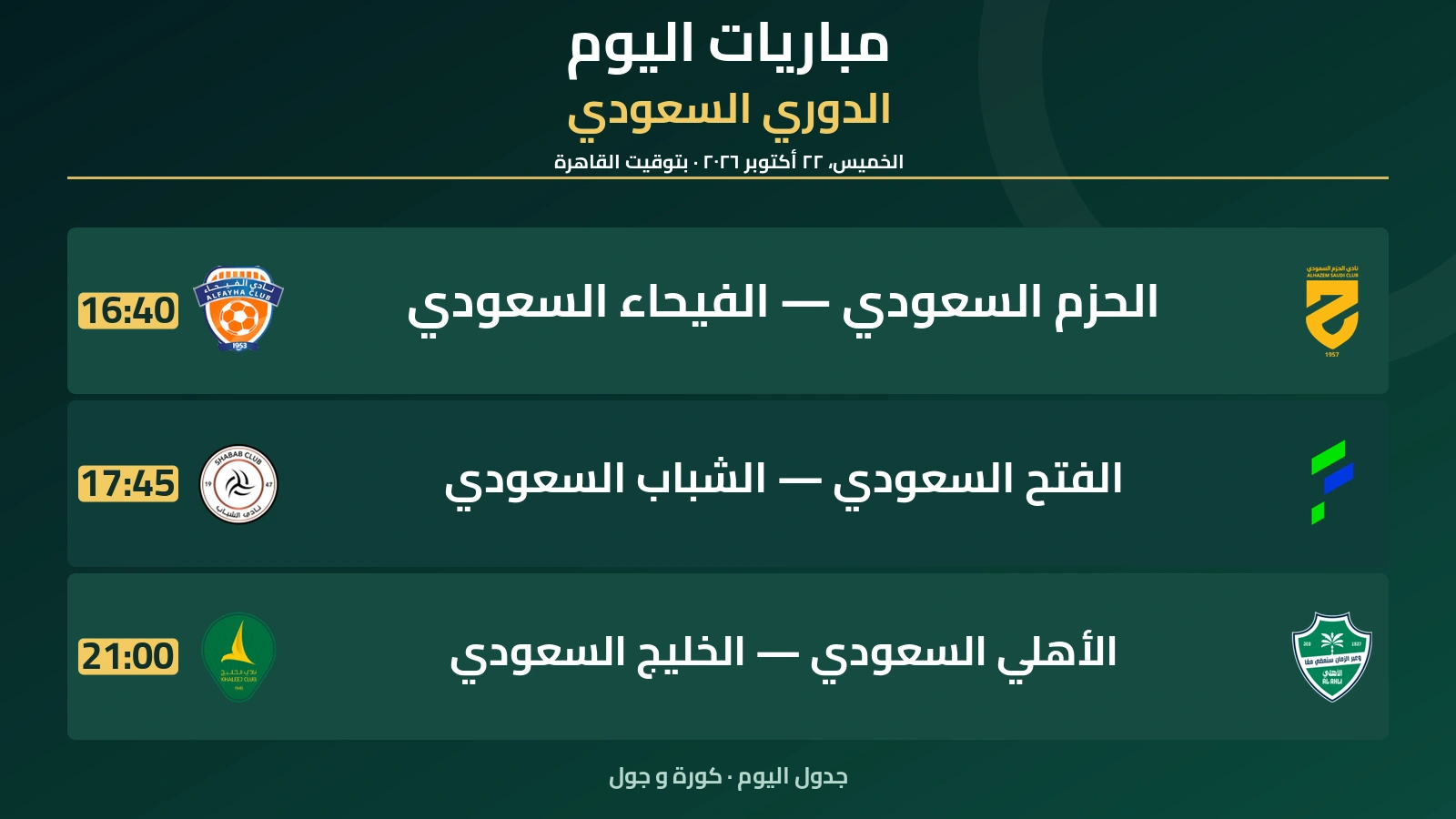 مباريات الدوري السعودي اليوم الخميس، ٢٢ أكتوبر ٢٠٢٦ ومواعيدها بتوقيت القاهرة